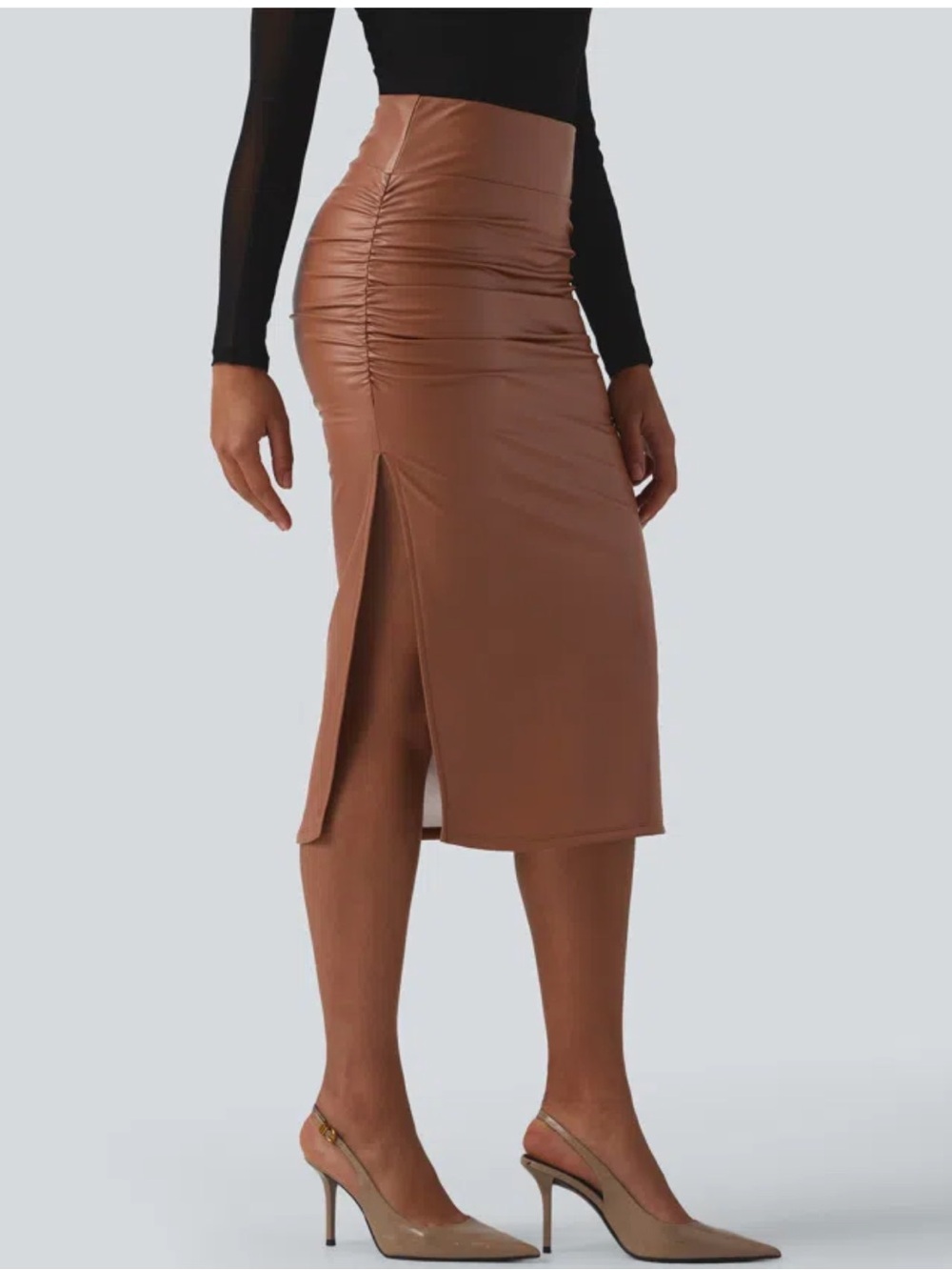 HALARA Brown Faux Leather Ruched Midi Skirt with Side Slit